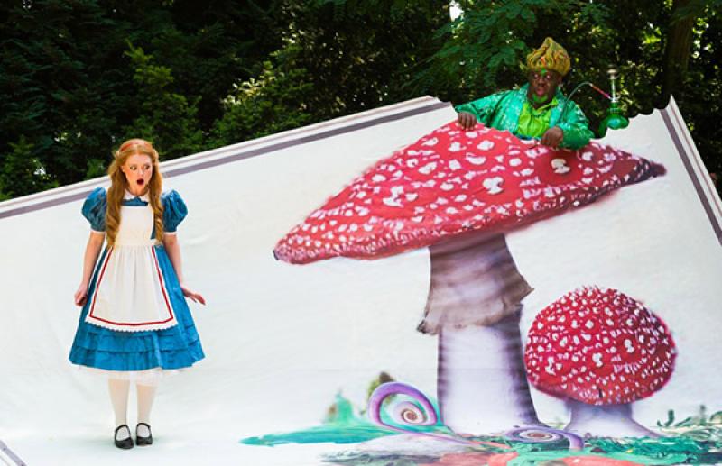 Alice looking surprised as she notices a caterpillar on a toadstool