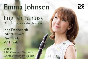 An English Fantasy CD image of Emma Johnson against a backdrop of nature holding her clarinet